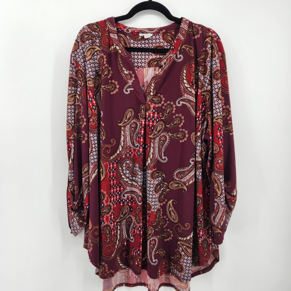 EST. 1946 Women's 26/28W Tunic Top Burgundy Red Paisley Roll Tab Long Sleeve